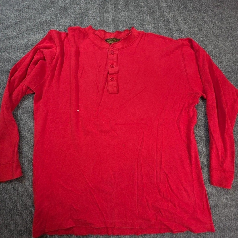 Vintage Eddie Bauer Shirt Mens Large Red Henley Long Sleeve Top Made In USA